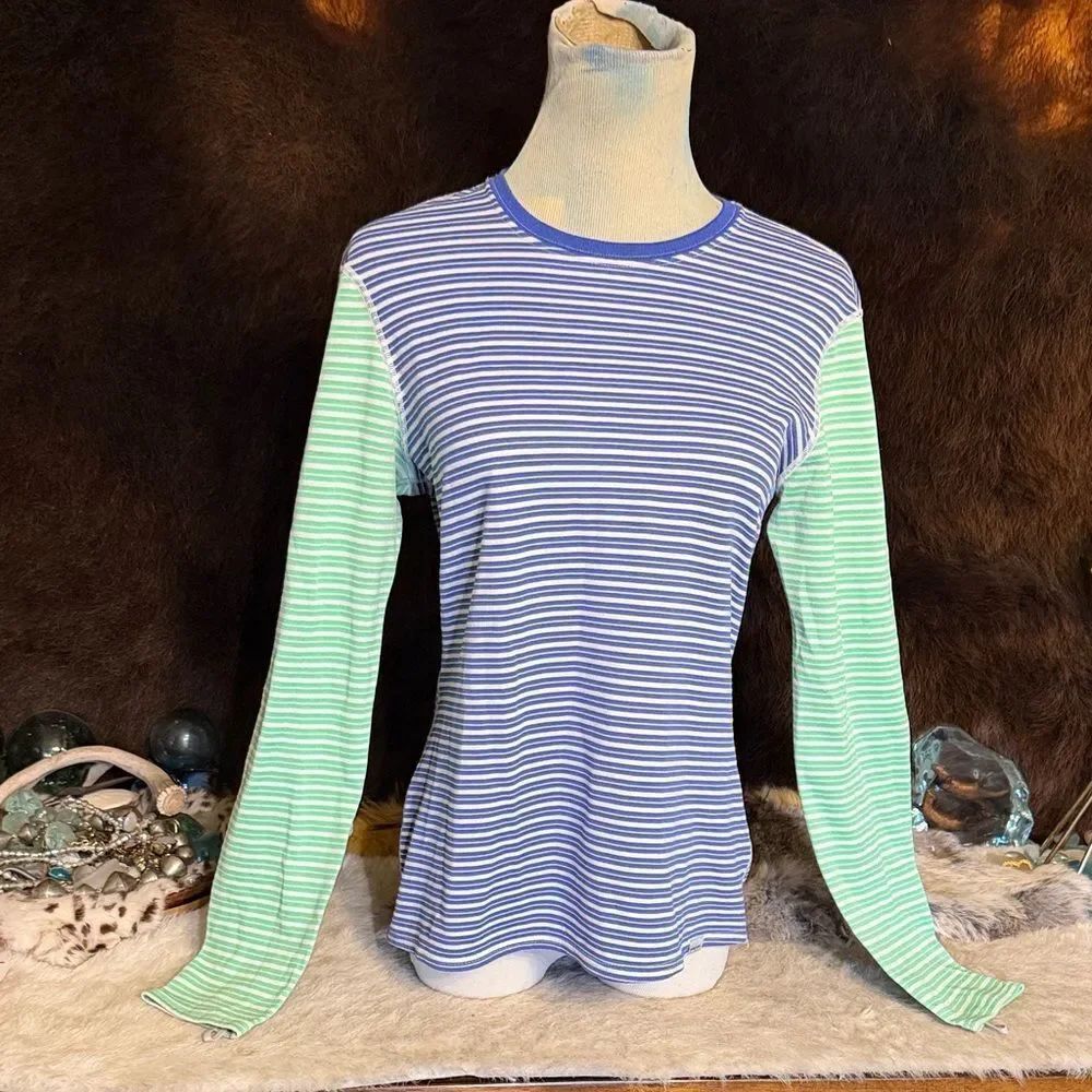 Striped Blue and Green Long Sleeve Top M (4200A)